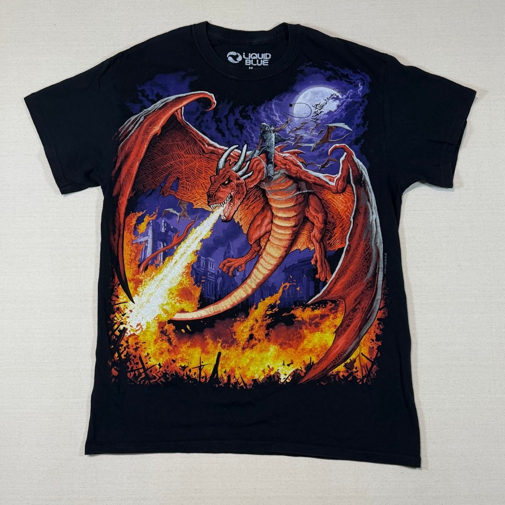 Liquid Blue Dragon Fire Graphic T-Shirt Mens Medium Black Fantasy Moon Tee